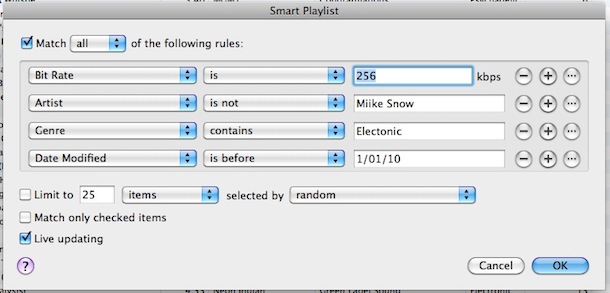 iTunes on Mac OS X Smart playlist Window